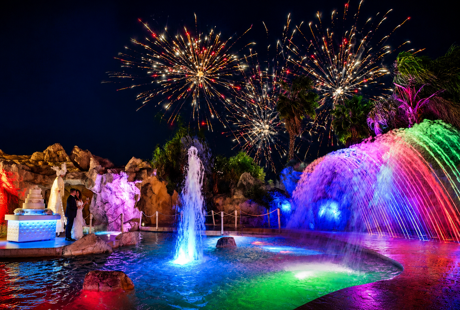 Fontane luminose e fuochi d'artificio per matrimonio serale